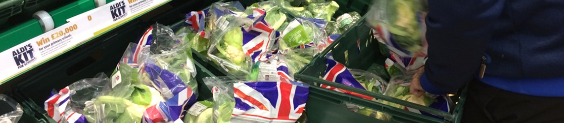 Display of British vegetables in supermarket